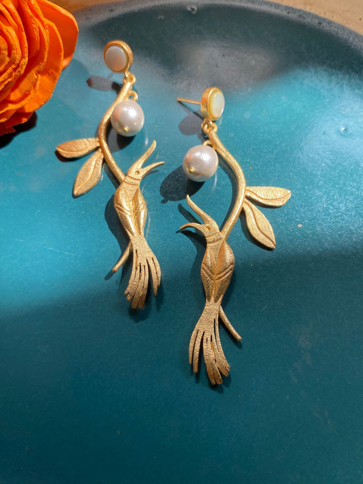 gold plated pearl drop fish earring