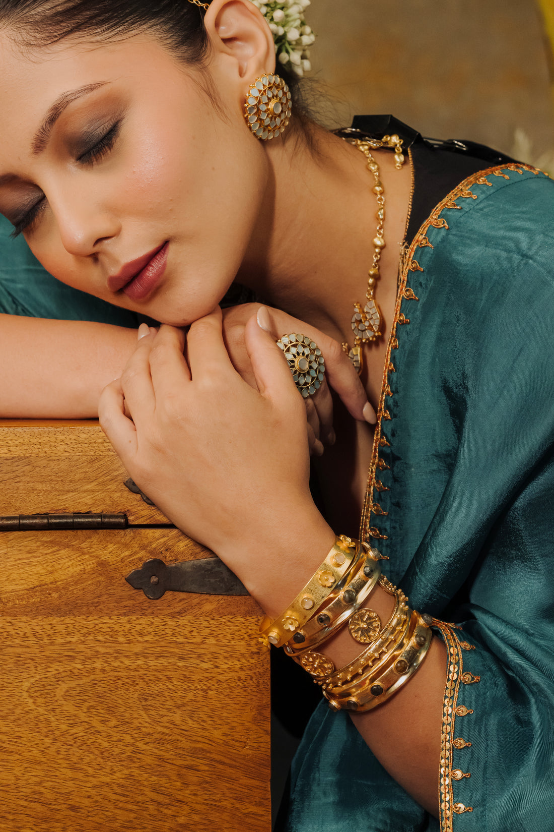 Antique gold plated kada and bangle stack worn on wrist for festive styling