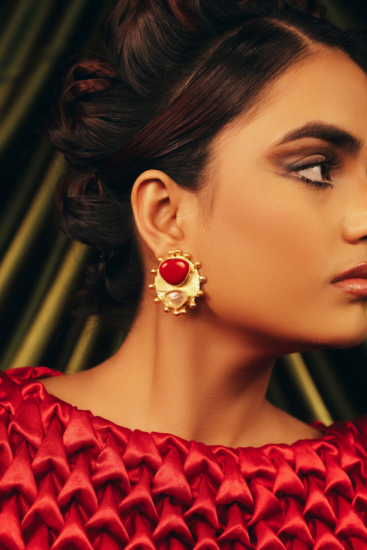 BaalaJewels Scarlet Bloom statement gold earrings with a vibrant red stone center