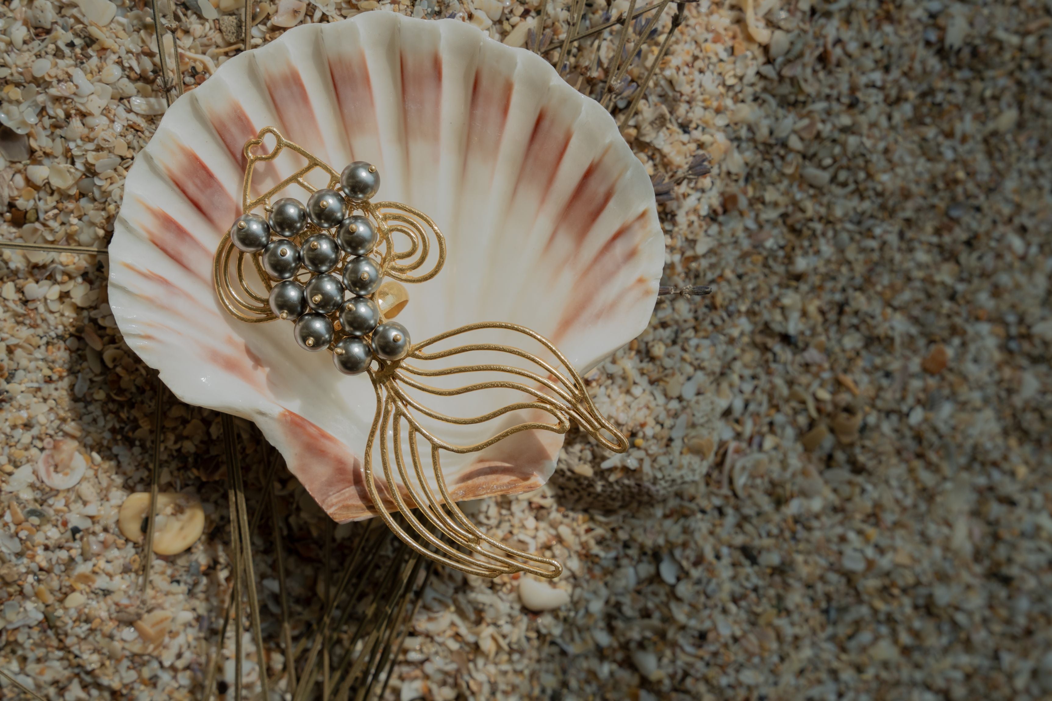 Baala hand-crafted gold fish statement ring set with dark pearls