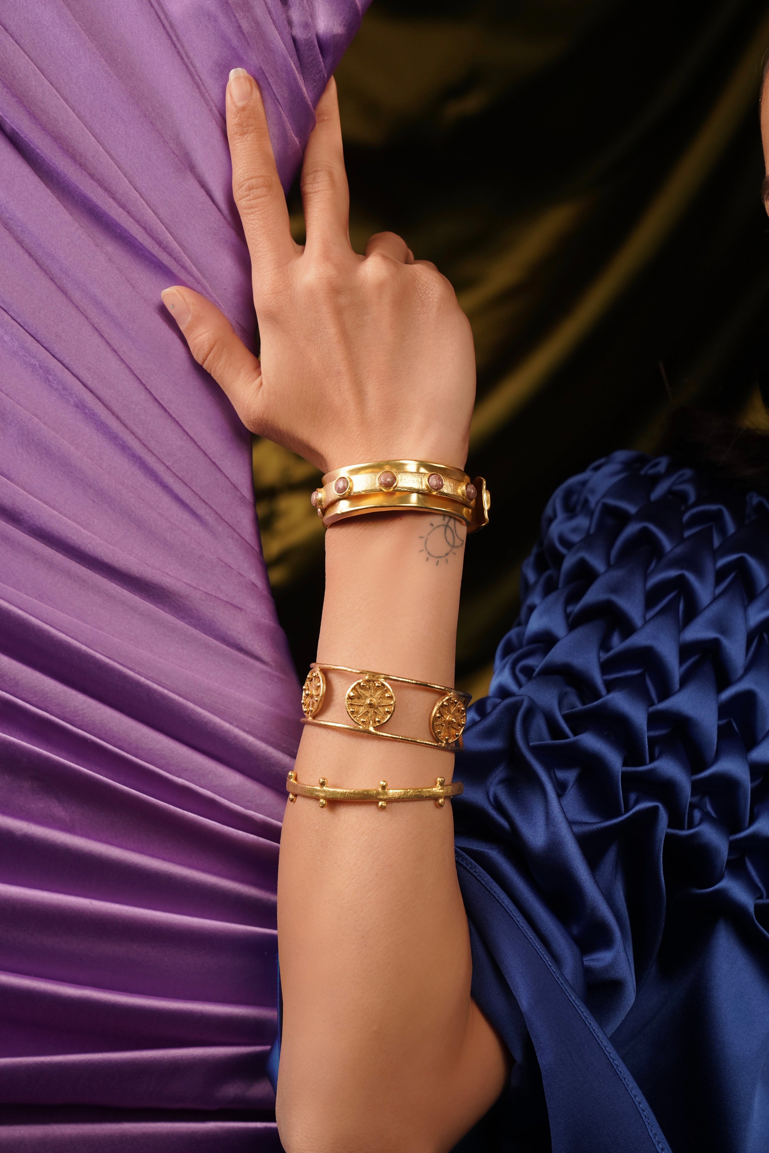 handmade 18k gold-plated cuff bracelets and Rose Quartz stone bangle set for women