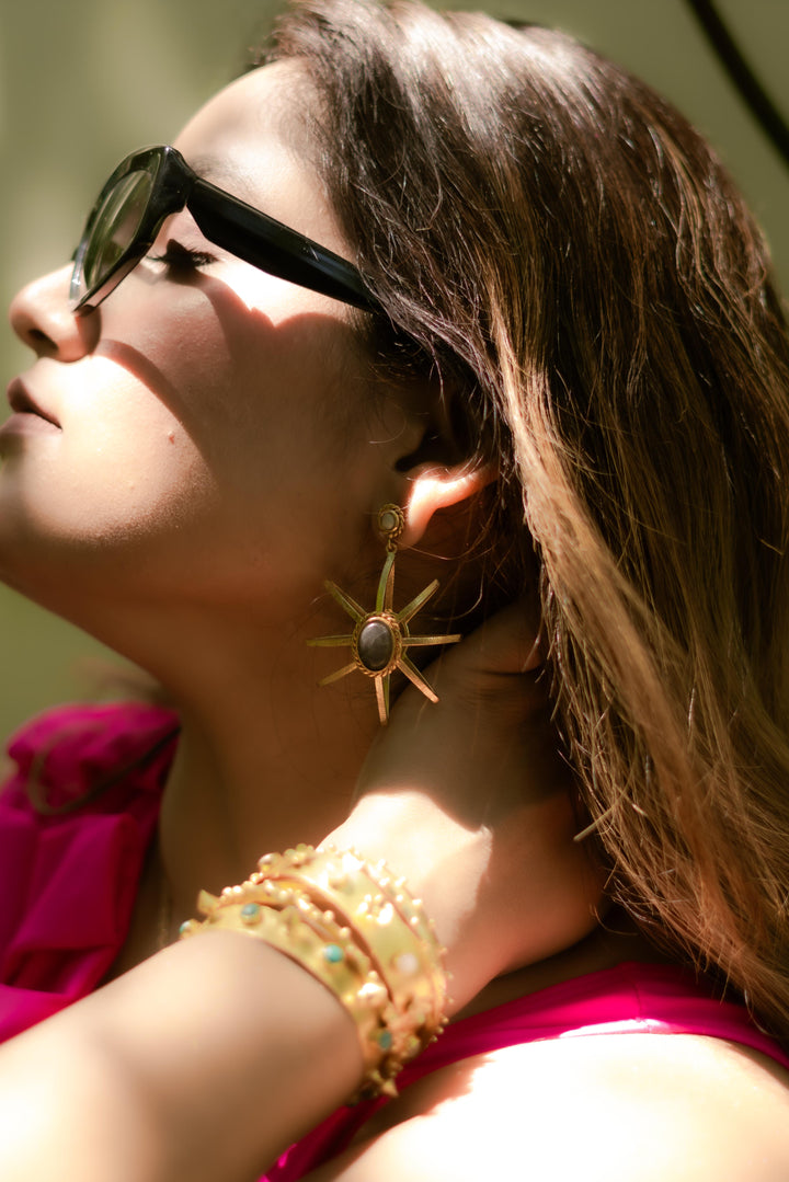 Dhruvisha Jariwala wearing Baala Jewels 18k gold plated circular floral statement earrings
