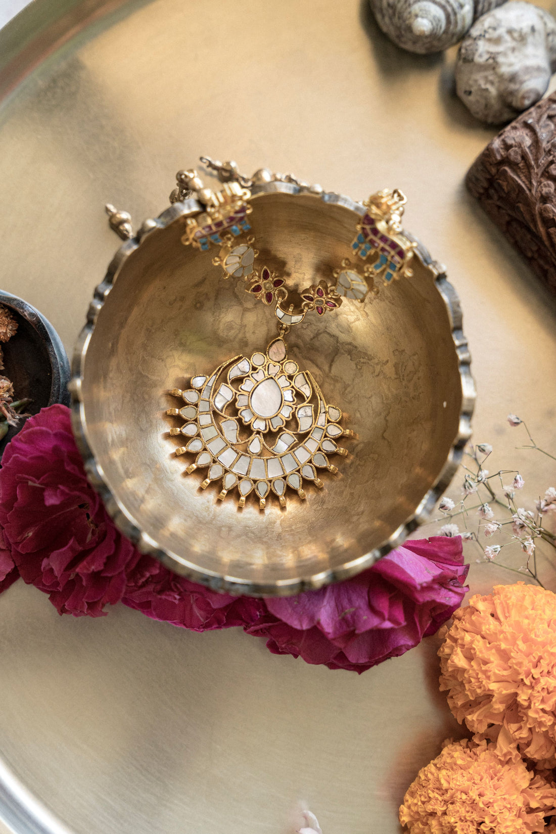 Elefleur Royal gold plated pendant necklace featuring floral and deer motif mother of pearl inlay
