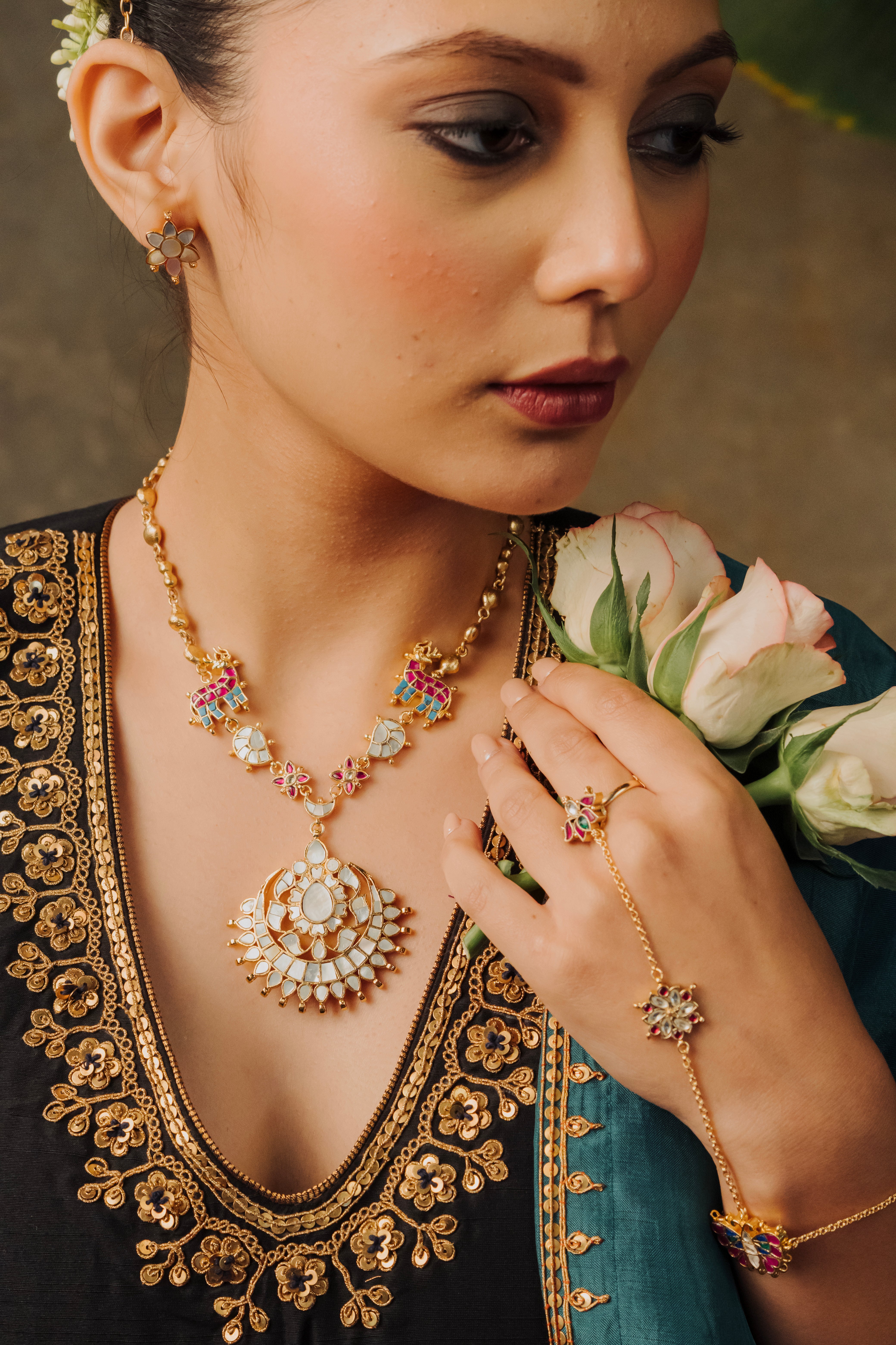 Elefleur Royal gold plated mother of pearl Chand Kundan long pendant necklace.