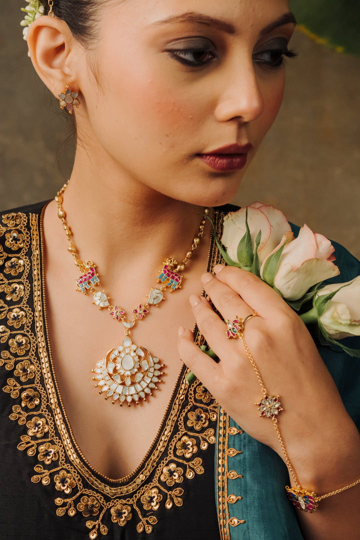 Elefleur Royal gold plated mother of pearl Chand Kundan long pendant necklace.