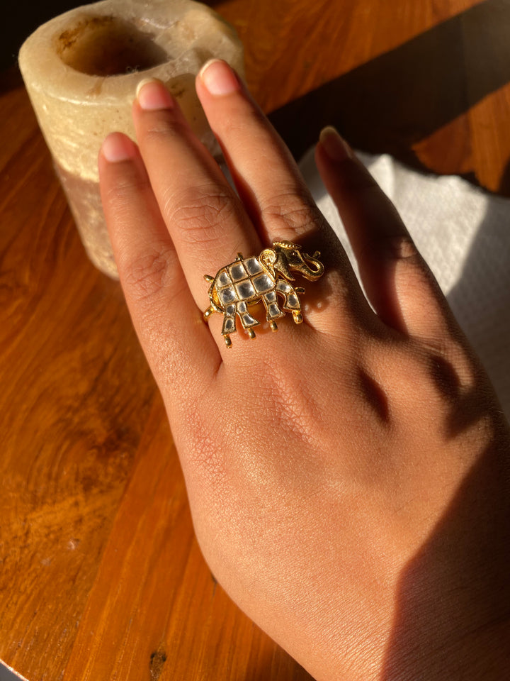 Elephant motif kundan ring - white stone