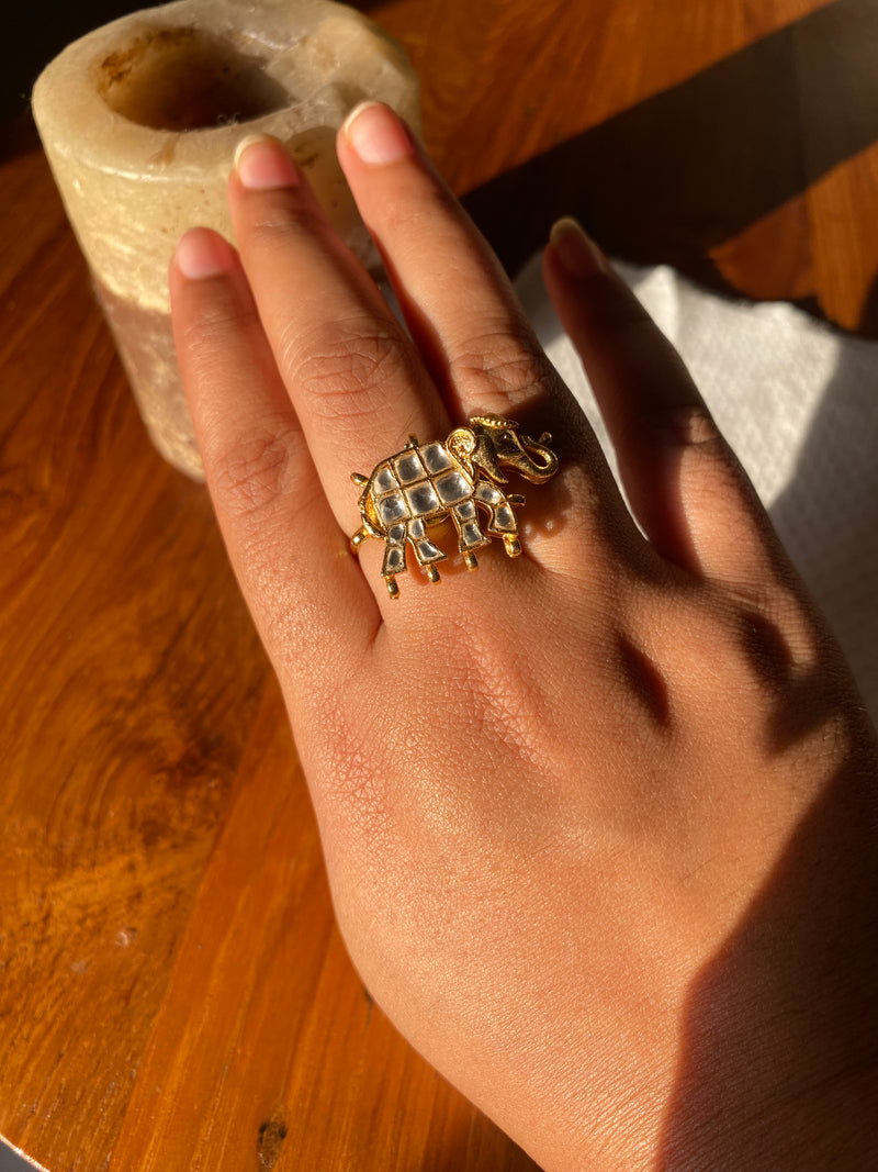 Elephant motif kundan ring - white stone