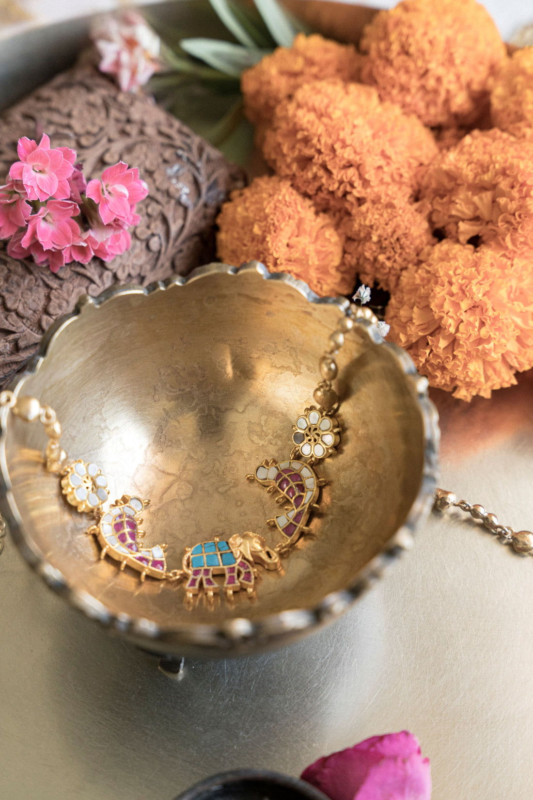 Gold-plated Gajraj Jadau Kundan necklace featuring traditional elephant motif and enamel work.
