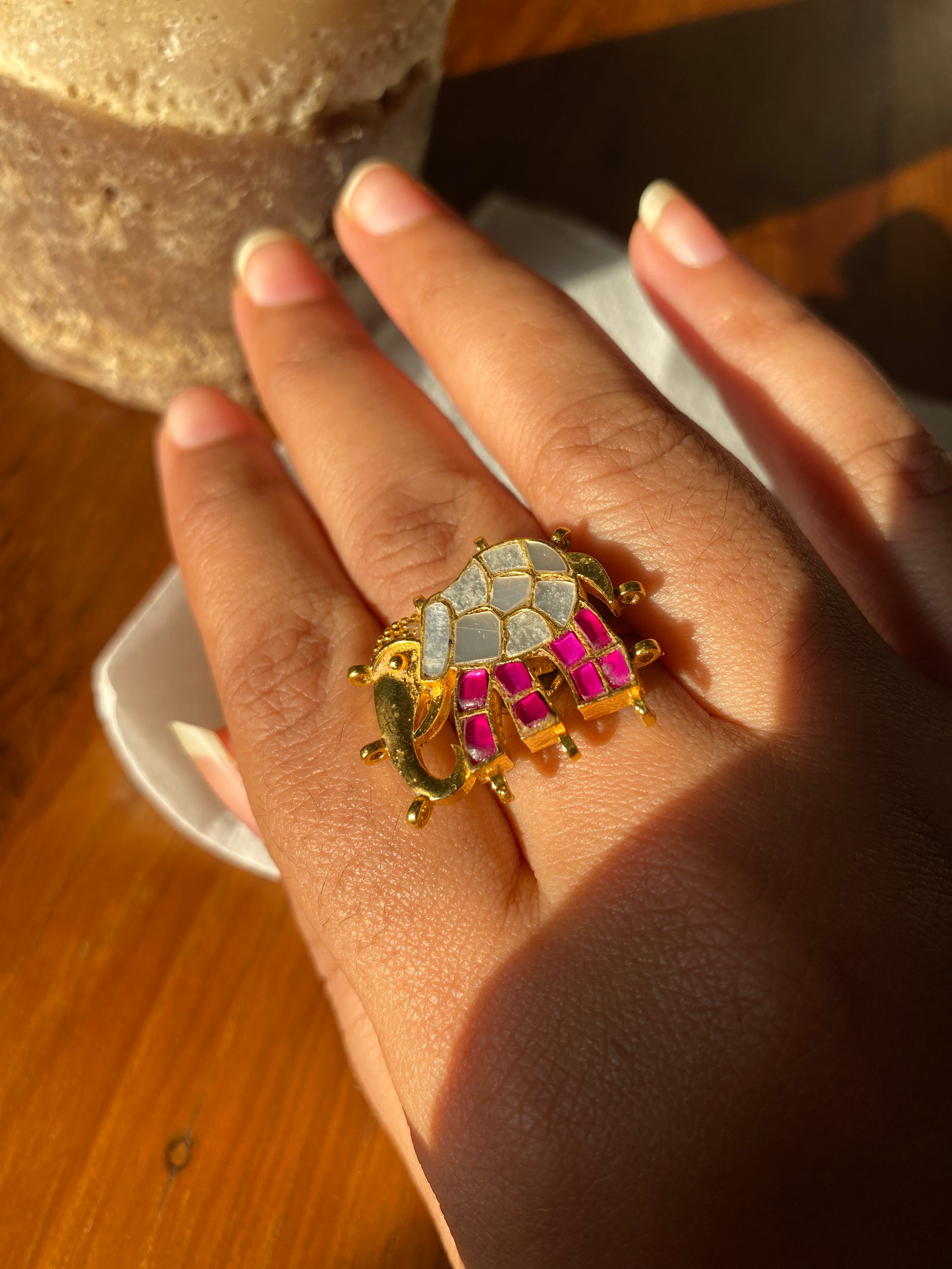 Buy a traditional white-pink kundan gaj ring for women