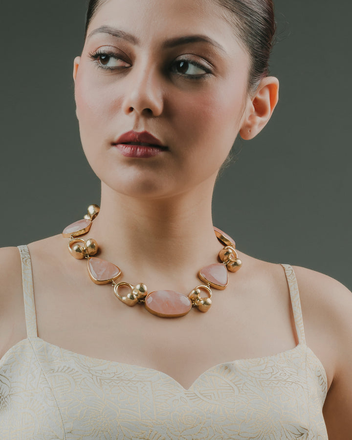 statement rose quartz gold choker necklace with modern Indian ethnic attire