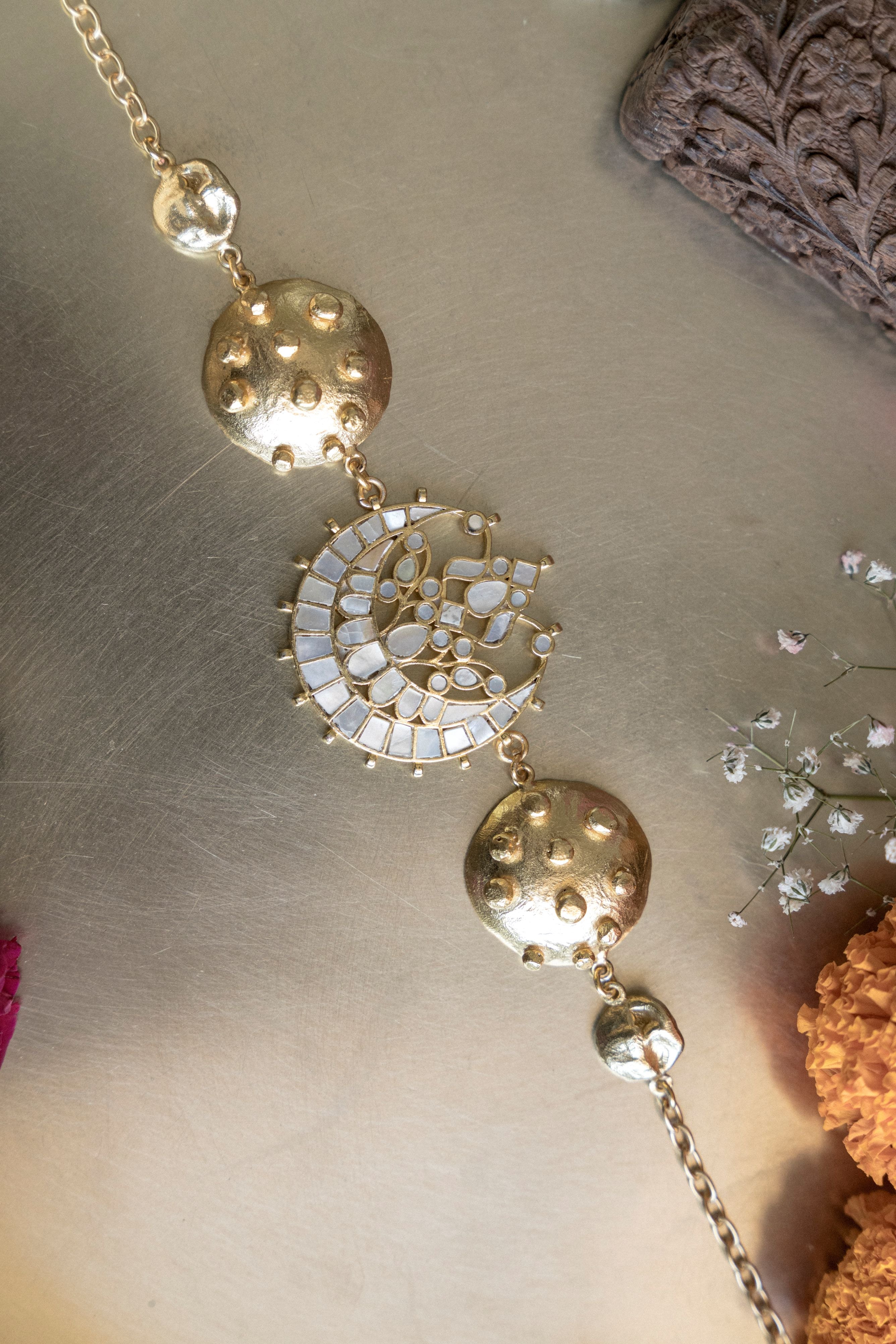 Ethically handmade 18k gold plated choker necklace with mother of pearl inlay and floral center motif