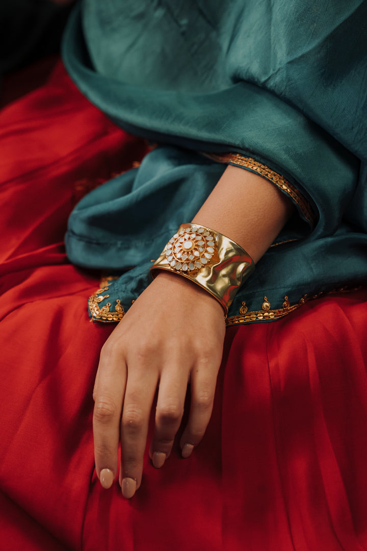 women's gold plated floral MOP open cuff bracelet