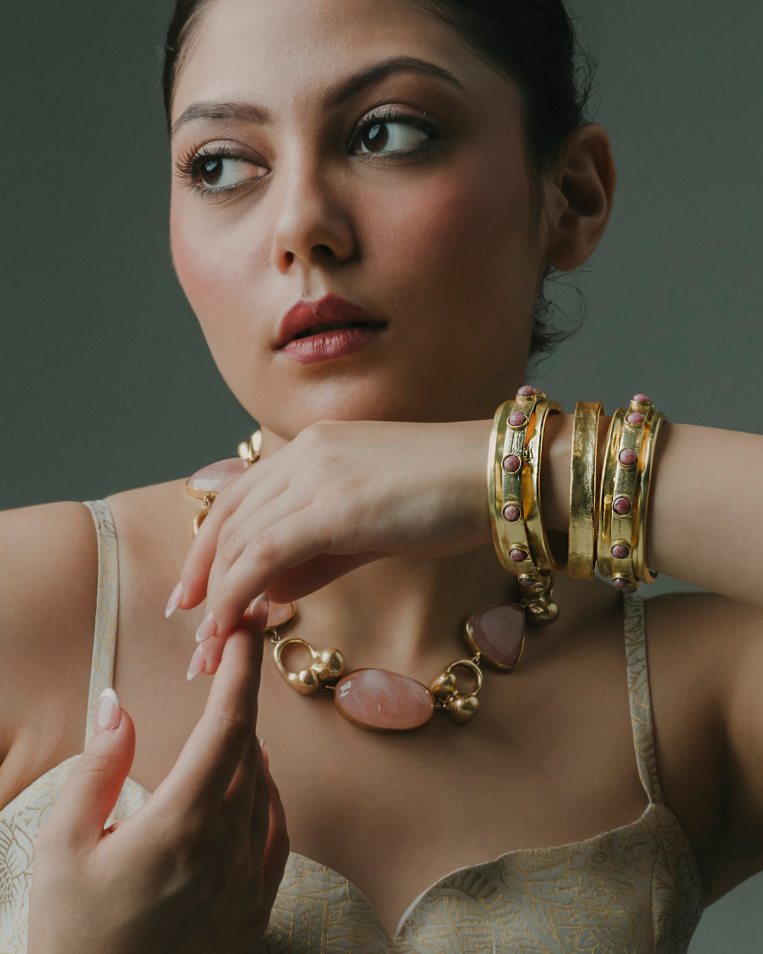 Baalajewels 18k gold-plated pink stone stack kada bracelet set of 3