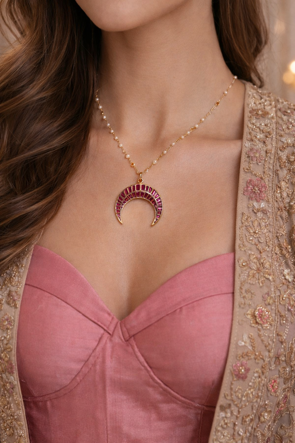 Pink Chand kundan pendant necklace for women in india 