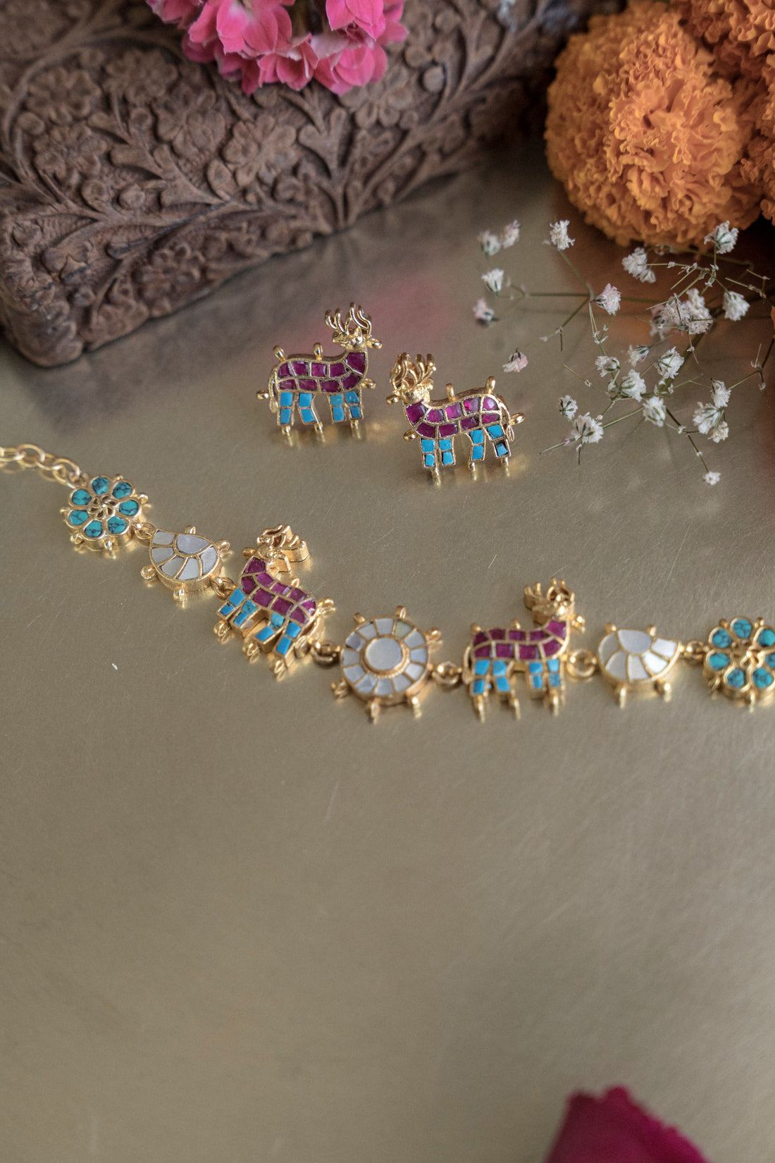 Ethically handmade 18k gold-plated brass choker necklace set with colorful floral and deer motifs