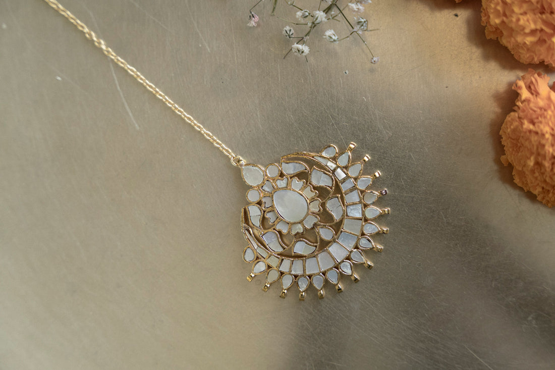 Handcrafted traditional Indian bridal mang tika with white mother of pearl stones