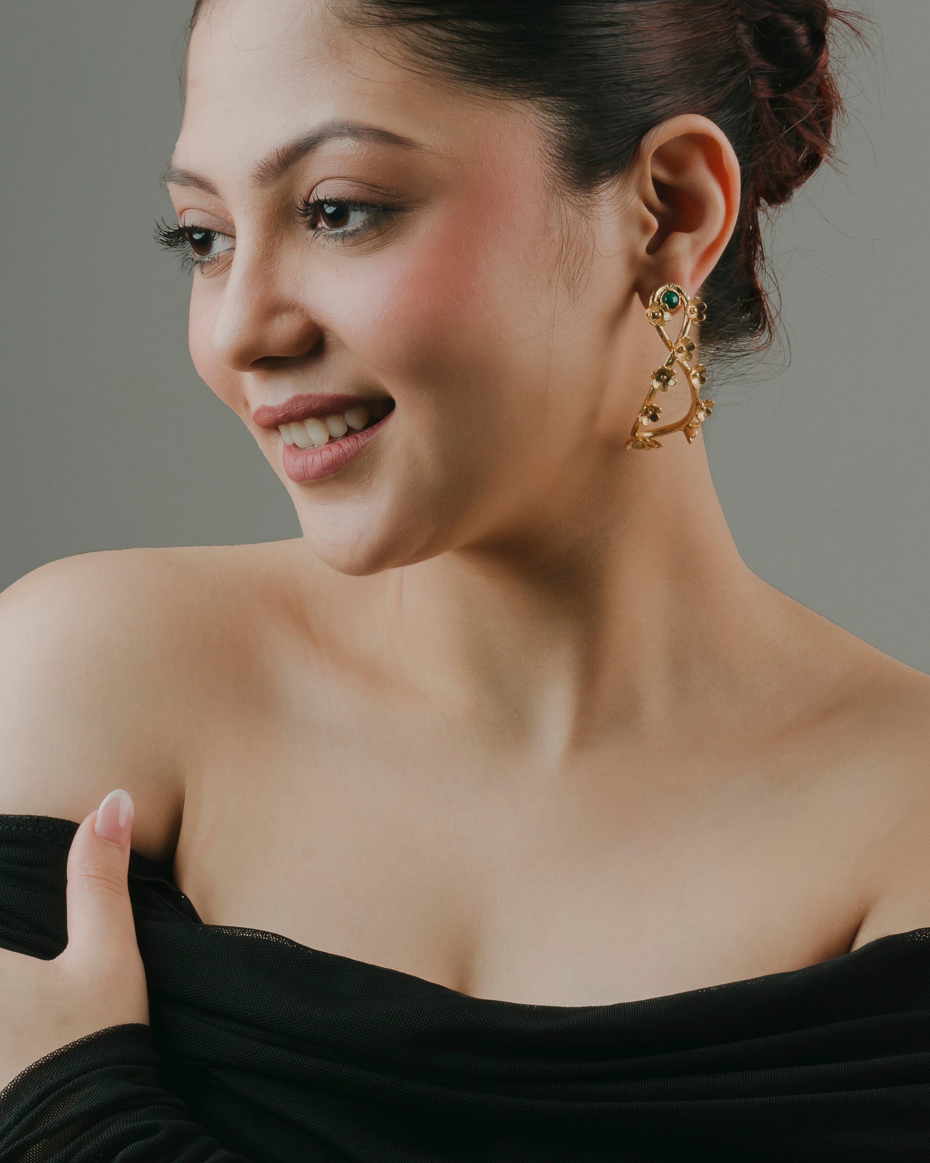 Baalajewels handcrafted gold dangle earrings with intricate floral motif detailing