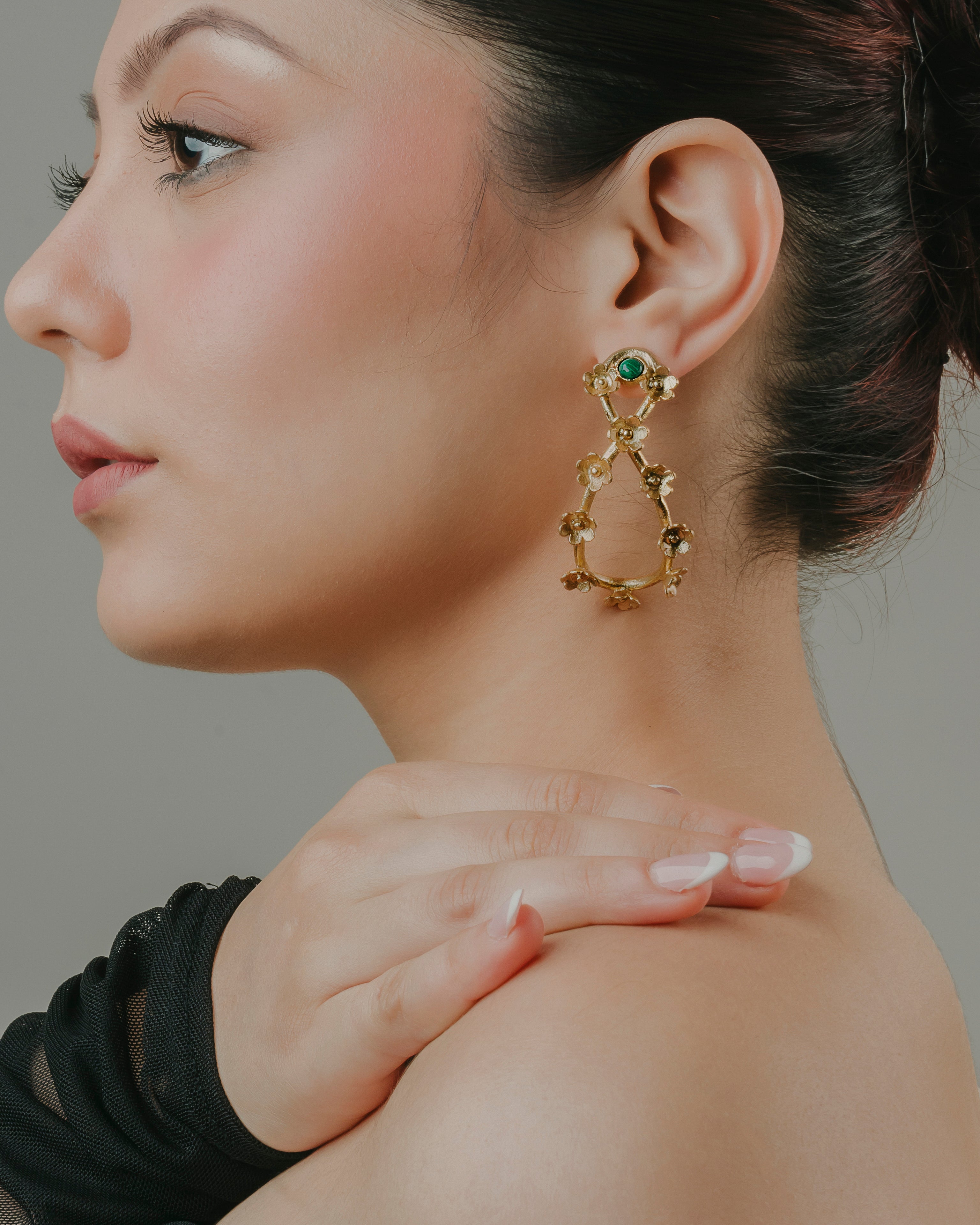 Baalajewels Infinite Earrings in allergy-free gold-toned brass with floral embellishments