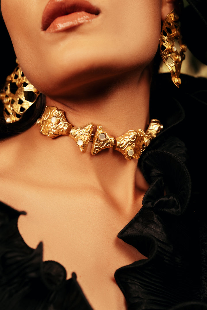 18k gold plated Lattice Luxe choker necklace with intricate geometric cutout pattern for women