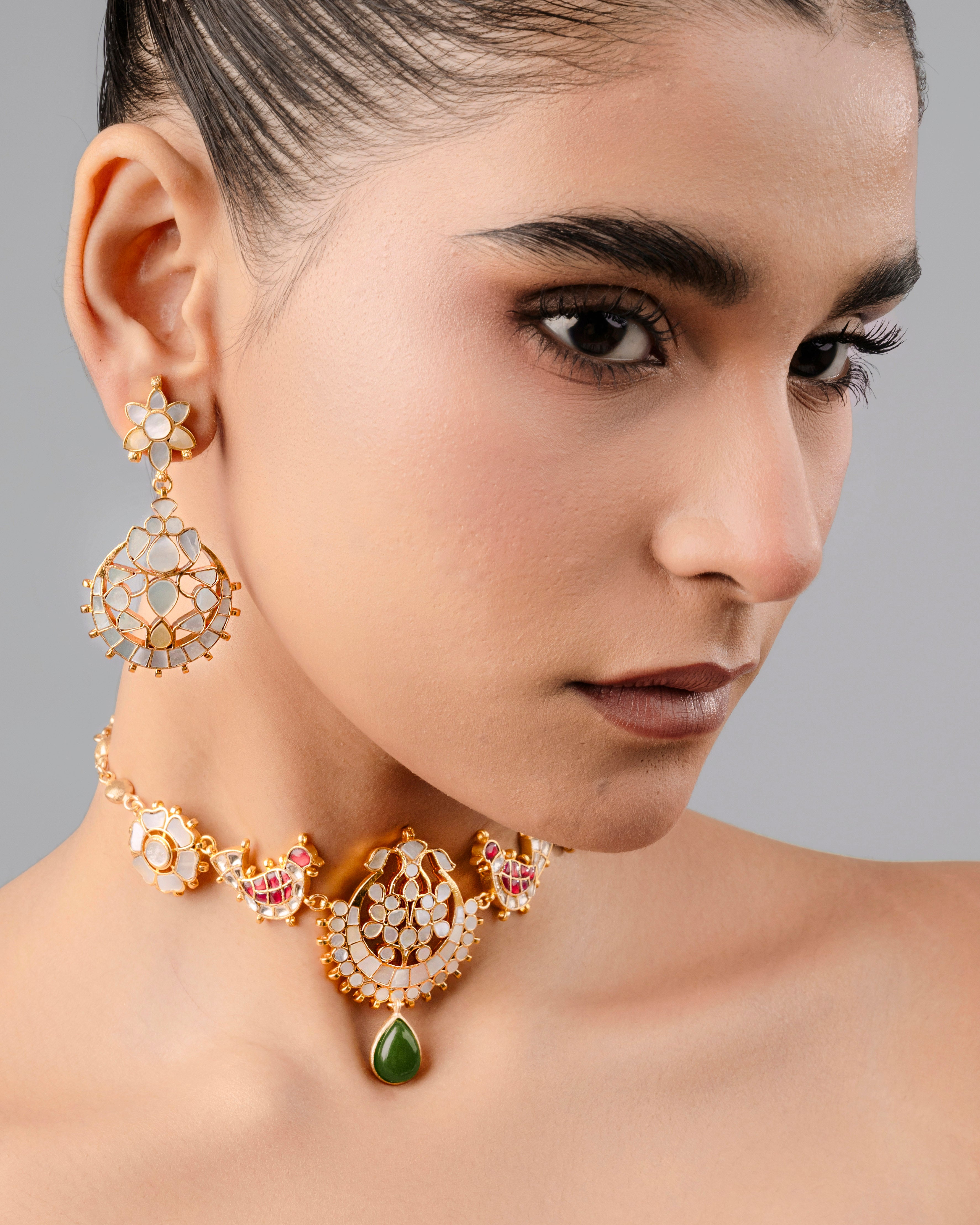 mother-of-pearl white phool dangles and pink kundan choker set for women 