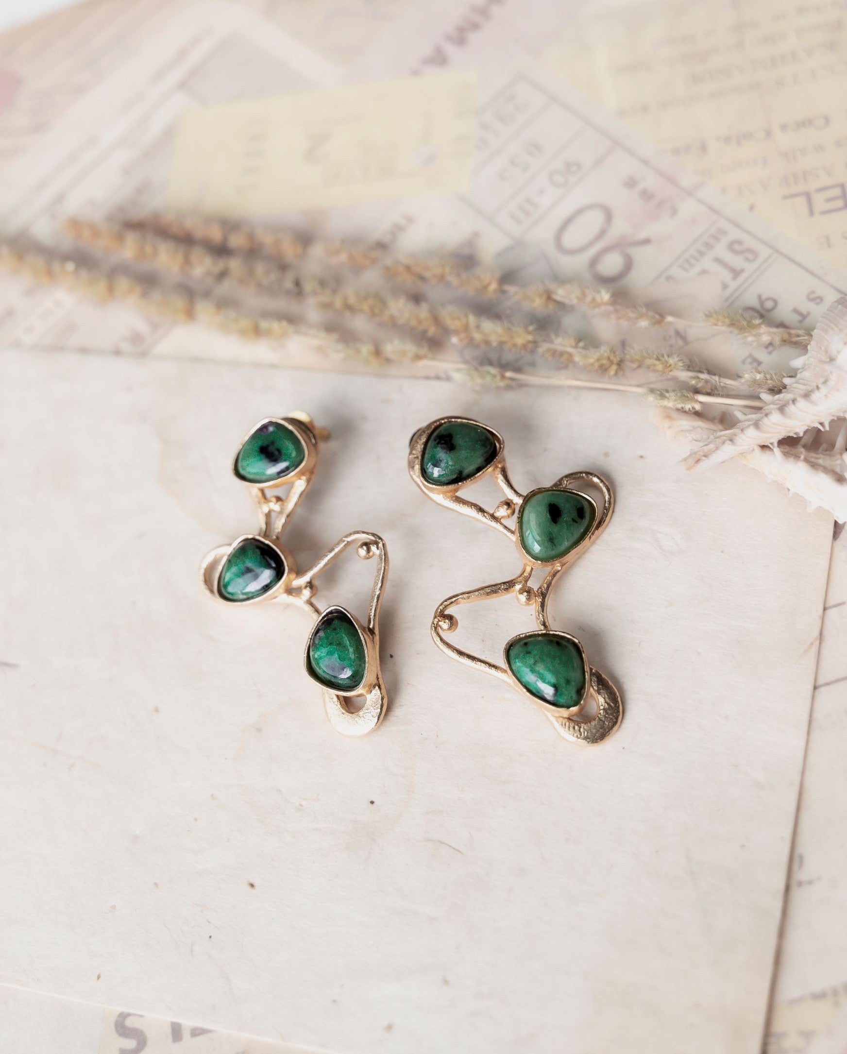 Handmade 18k gold-plated statement earrings set with green and maroon Ruby Zoisite gemstones