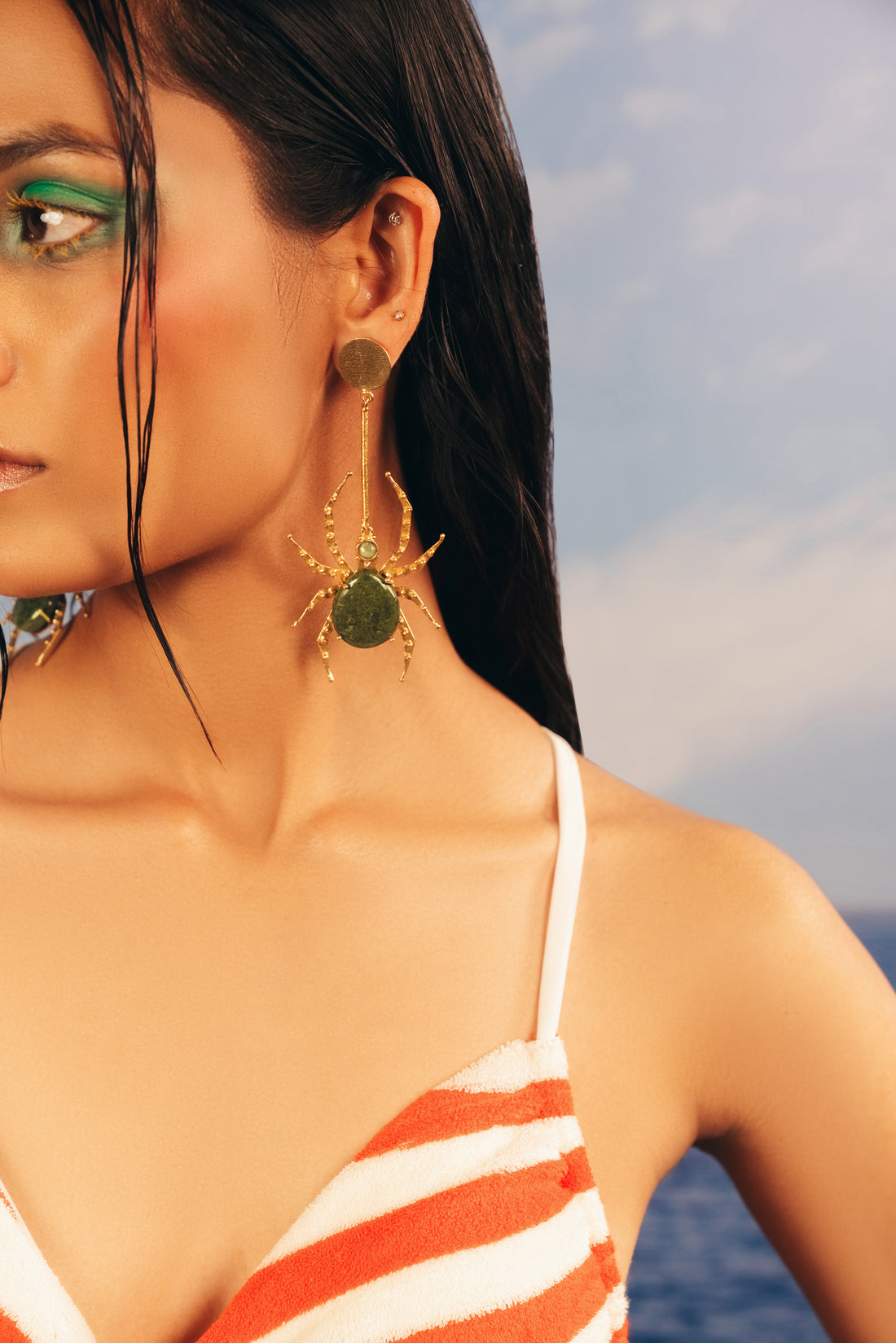 Handcrafted 18k gold-plated dangle earrings with three natural green and maroon ruby zoisite stones in bezel settings